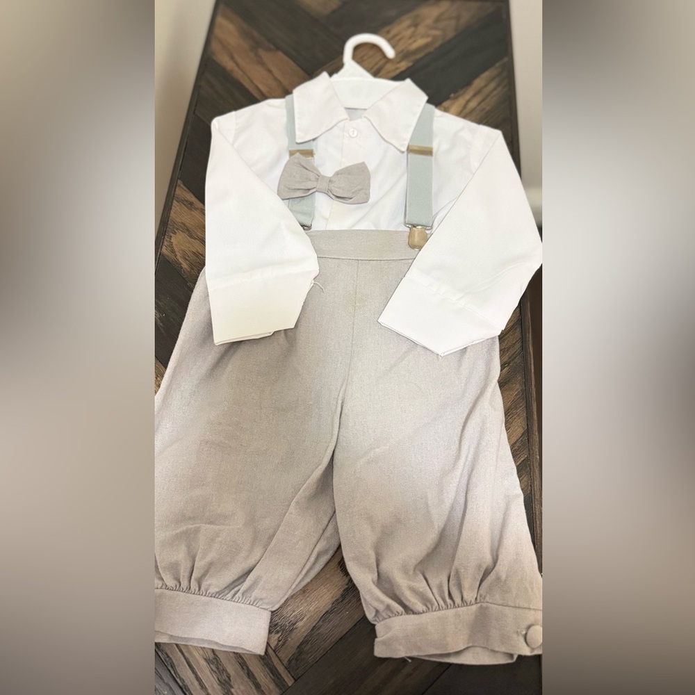 Page boy, Gray Bow Tie and Suspender Set with cap.